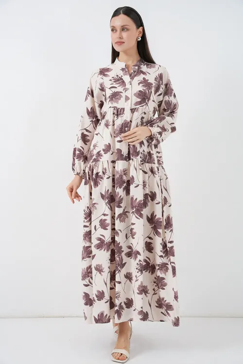 Kadın Lilyum Kumaş Uzun Tesettür Elbise 2593 - Kahverengi