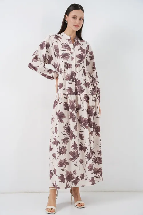 Kadın Lilyum Kumaş Uzun Tesettür Elbise 2593 - Kahverengi