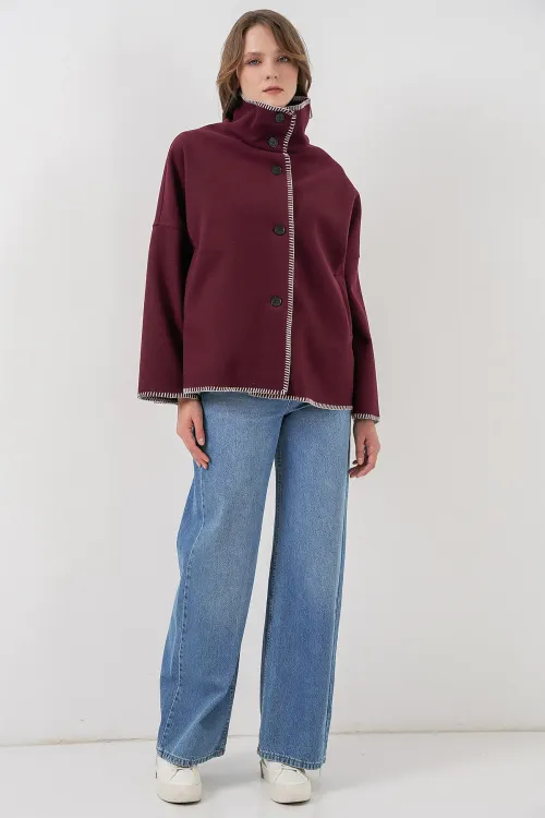 Kadın Nakışlı Kaşe Ceket 9167 - Bordo