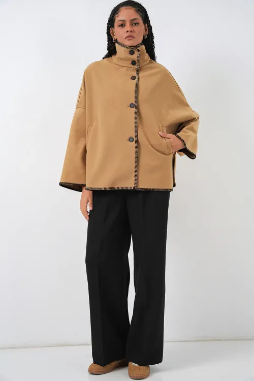 Kadın Nakışlı Kaşe Ceket 9167 - Hardal