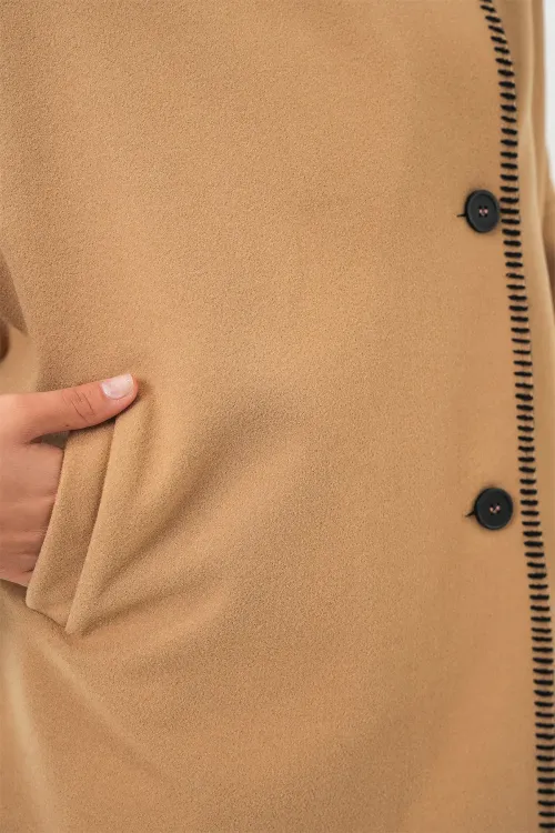 Kadın Nakışlı Kaşe Ceket 9167 - Hardal