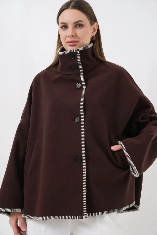 Kadın Nakışlı Kaşe Ceket 9167 - Kahverengi