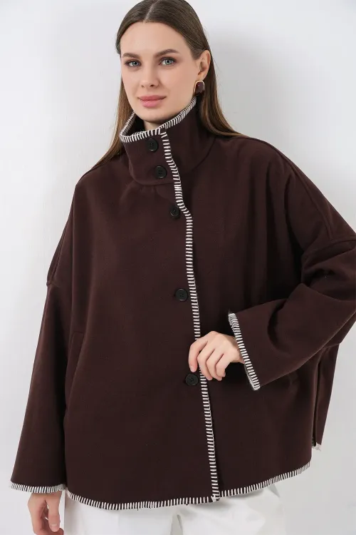 Kadın Nakışlı Kaşe Ceket 9167 - Kahverengi