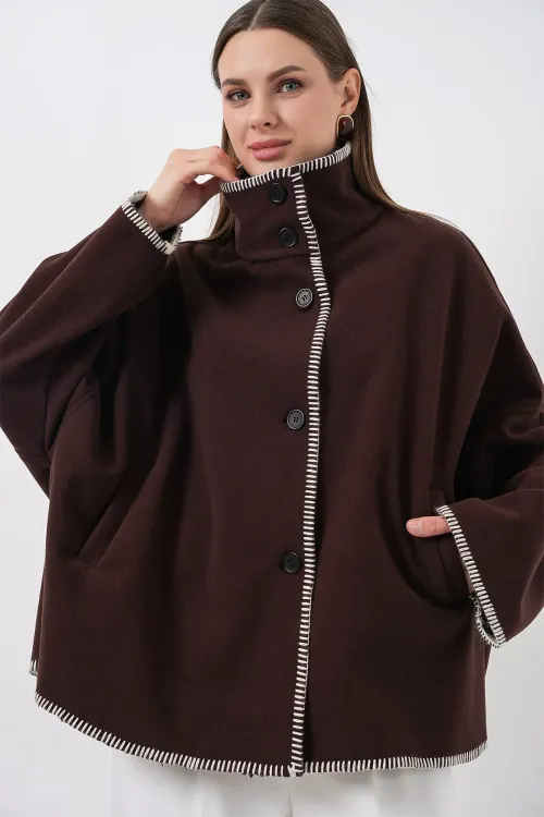 Kadın Nakışlı Kaşe Ceket 9167 - Kahverengi