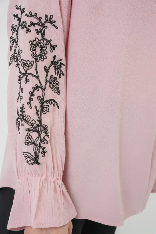 Kadın Nakışlı Örme Bluz 941 - Pudra