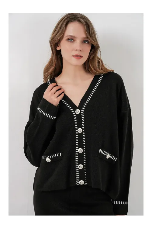 Kadın Nakışlı Triko Hırka Pantolon İkili Takım 15963 - Siyah