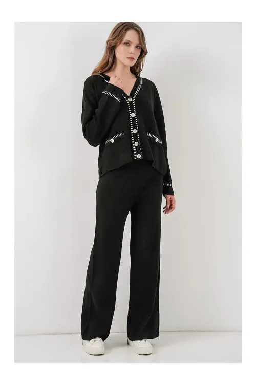 Kadın Nakışlı Triko Hırka Pantolon İkili Takım 15963 - Siyah