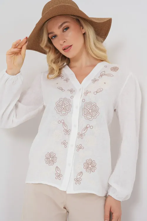 Kadın Nakışlı Uzun Kol Bluz 963 - Kahverengi