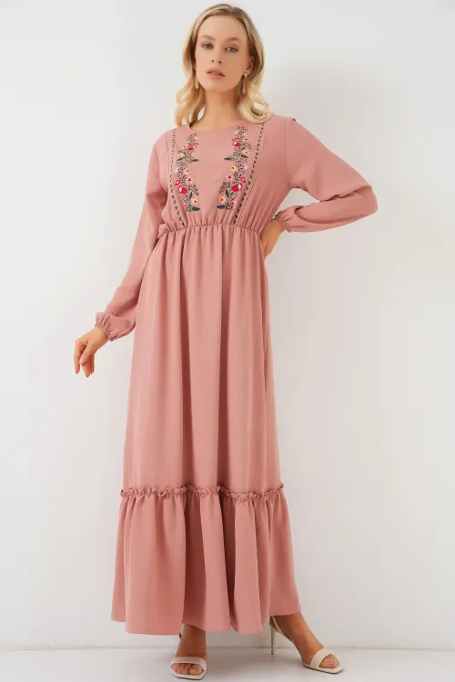 Kadın Nakışlı Uzun Tesettür Elbise 2550 - Pudra