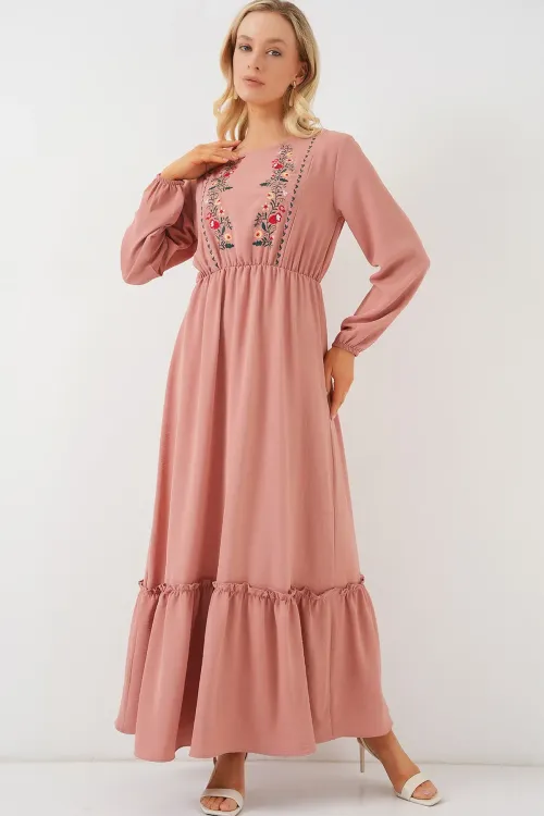 Kadın Nakışlı Uzun Tesettür Elbise 2550 - Pudra