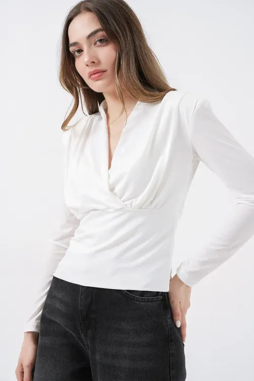 Kadın Omuz Vatkalı Kruvaze Yaka Bluz 942 - Beyaz