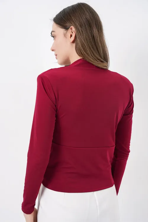 Kadın Omuz Vatkalı Kruvaze Yaka Bluz 942 - Bordo