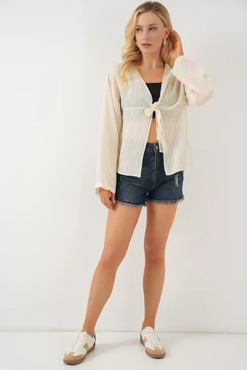 Kadın Önü Bağcıklı Bluz 952 - Krem