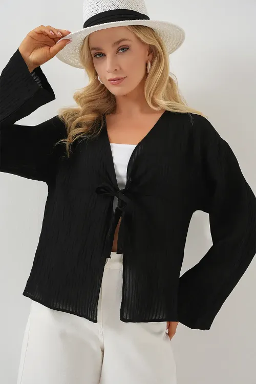 Kadın Önü Bağcıklı Bluz 952 - Siyah