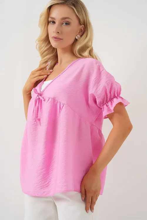 Kadın Önü Bağcıklı Kısa Kol Bluz 962 - Pembe