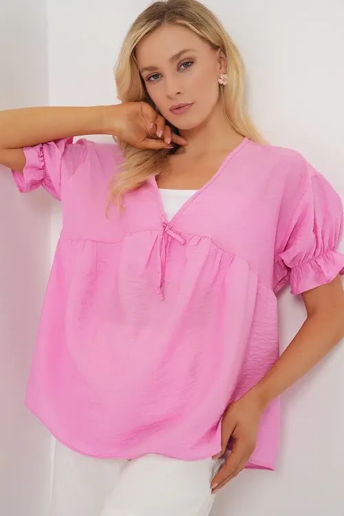 Kadın Önü Bağcıklı Kısa Kol Bluz 962 - Pembe