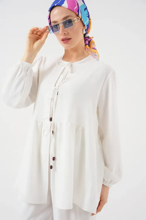 Kadın Önü Bağcıklı Tunik Pantolon İkili Takım 6744 - Beyaz