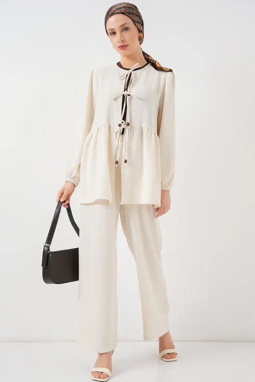 Kadın Önü Bağcıklı Tunik Pantolon İkili Takım 6744 - Ekru