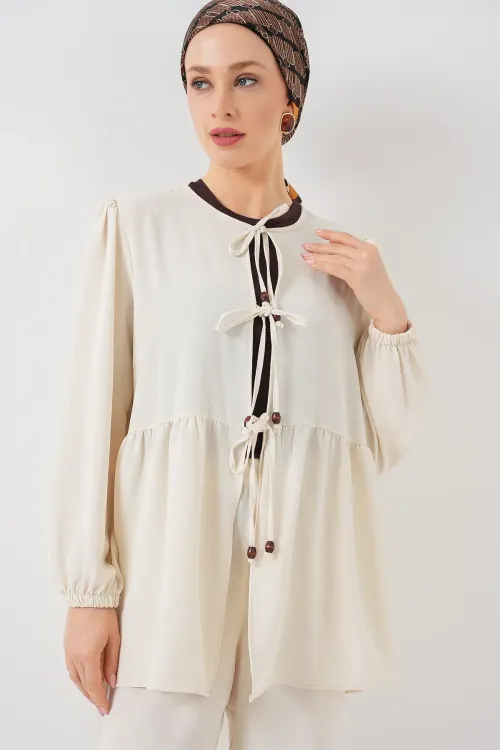 Kadın Önü Bağcıklı Tunik Pantolon İkili Takım 6744 - Ekru