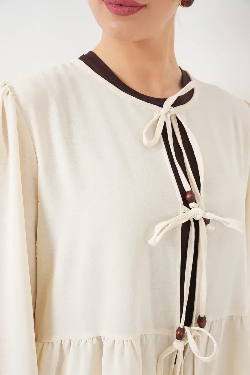 Kadın Önü Bağcıklı Tunik Pantolon İkili Takım 6744 - Ekru