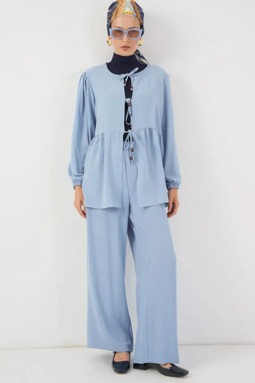 Kadın Önü Bağcıklı Tunik Pantolon İkili Takım 6744 - Mavi