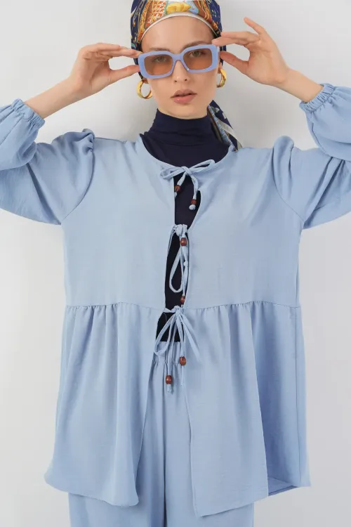 Kadın Önü Bağcıklı Tunik Pantolon İkili Takım 6744 - Mavi