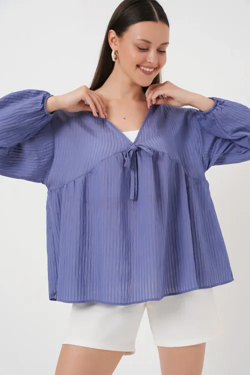 Kadın Önü Bağcıklı Uzun Kol Bluz 946 - İndigo