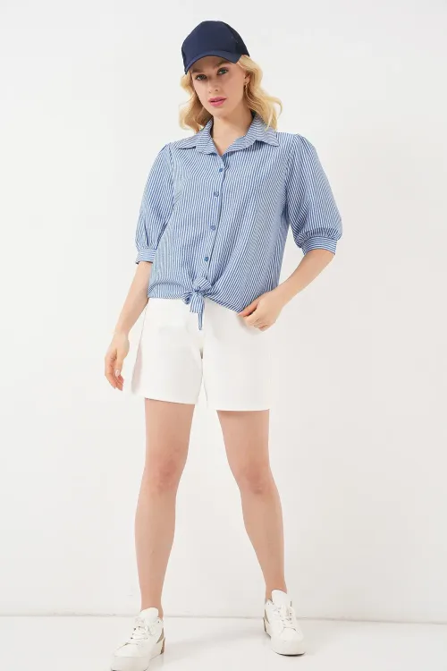 Kadın Önü Bağlamalı Çizgili Gömlek 20323 - Lacivert