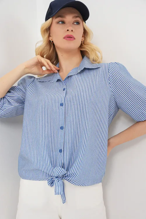 Kadın Önü Bağlamalı Çizgili Gömlek 20323 - Lacivert