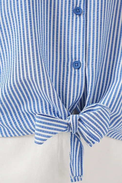 Kadın Önü Bağlamalı Çizgili Gömlek 20323 - Lacivert
