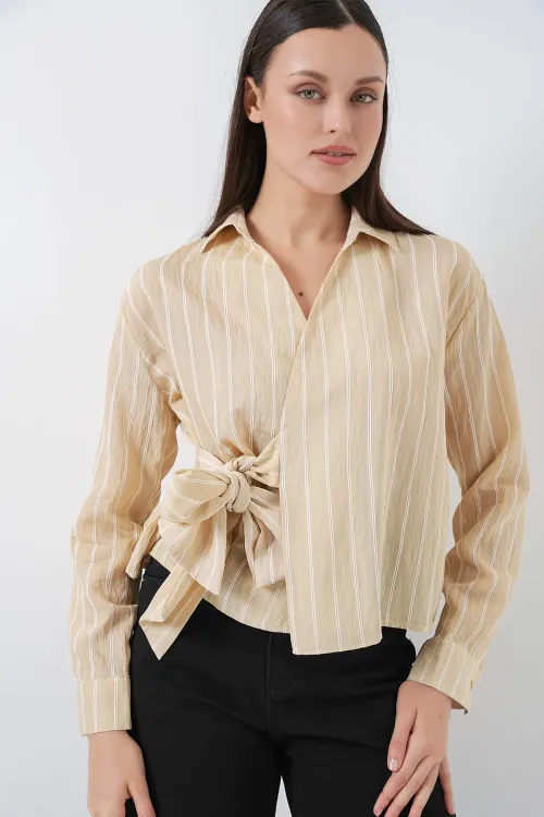 Kadın Önü Bağlamalı Çizgili Gömlek 20362 - Bej