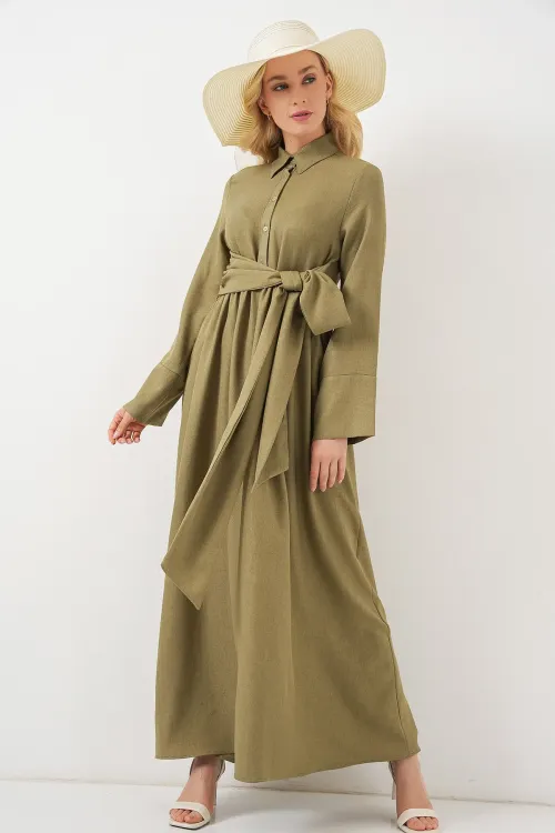 Kadın Önü Bağlamalı Keten Elbise 2574 - Çağla