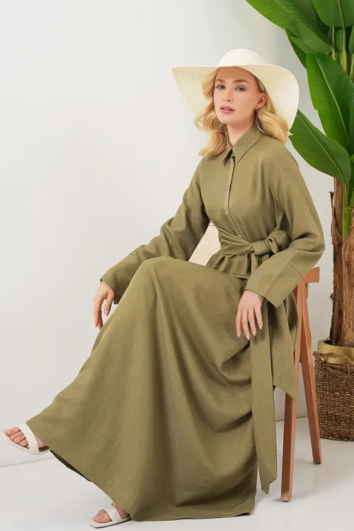 Kadın Önü Bağlamalı Keten Elbise 2574 - Çağla