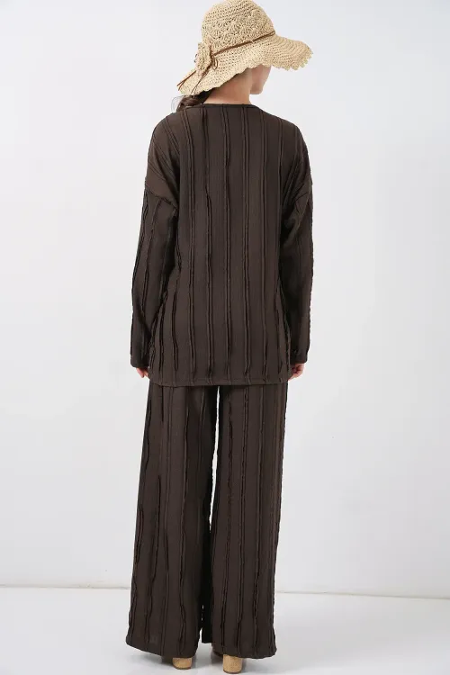 Kadın Örme Kimono Pantolon İkili Takım 30067 - Kahverengi