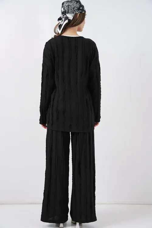 Kadın Örme Kimono Pantolon İkili Takım 30067 - Siyah