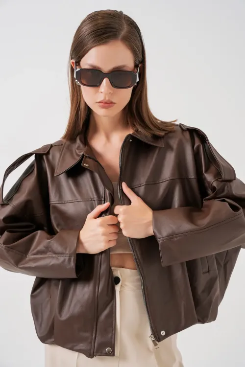 Kadın Oversize Deri Ceket 1055 - Kahverengi