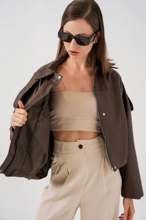 Kadın Oversize Deri Ceket 1055 - Kahverengi