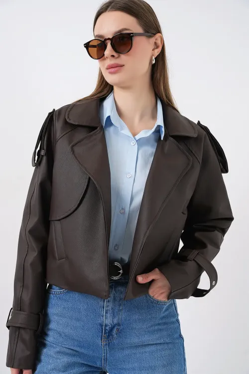 Kadın Oversize Deri Mont Ceket 1047 - Kahverengi