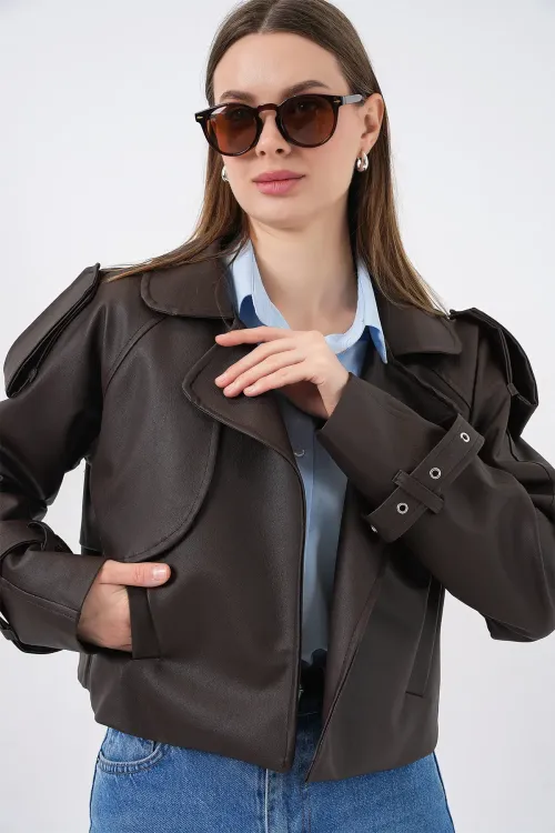 Kadın Oversize Deri Mont Ceket 1047 - Kahverengi