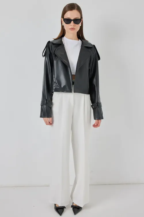 Kadın Oversize Deri Mont Ceket 1047 - Siyah