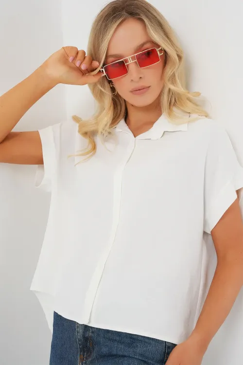 Kadın Oversize Kısa Kol Gömlek 20322 - Beyaz