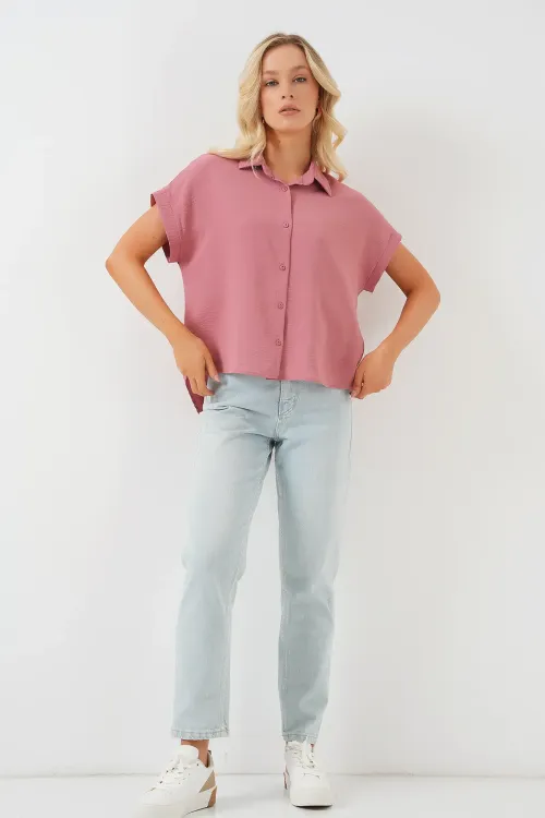 Kadın Oversize Kısa Kol Gömlek 20322 - Pembe