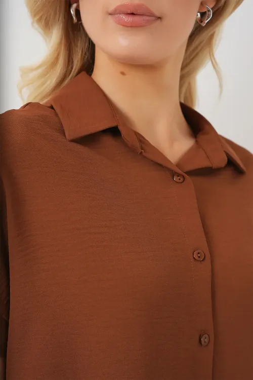 Kadın Oversize Kısa Kol Gömlek 20322 - Taba