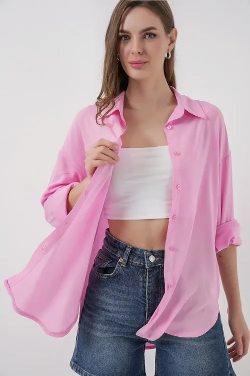Kadın Oversize Viskon Gömlek 3785 - Pembe