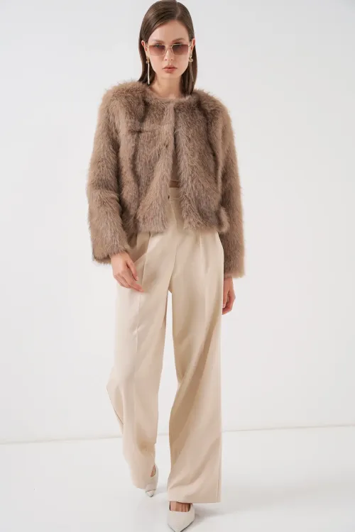 Kadın Peluş Kürk Mont 5225 - Bisküvi