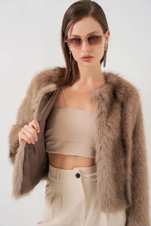 Kadın Peluş Kürk Mont 5225 - Bisküvi