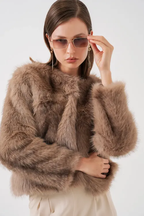 Kadın Peluş Kürk Mont 5225 - Bisküvi