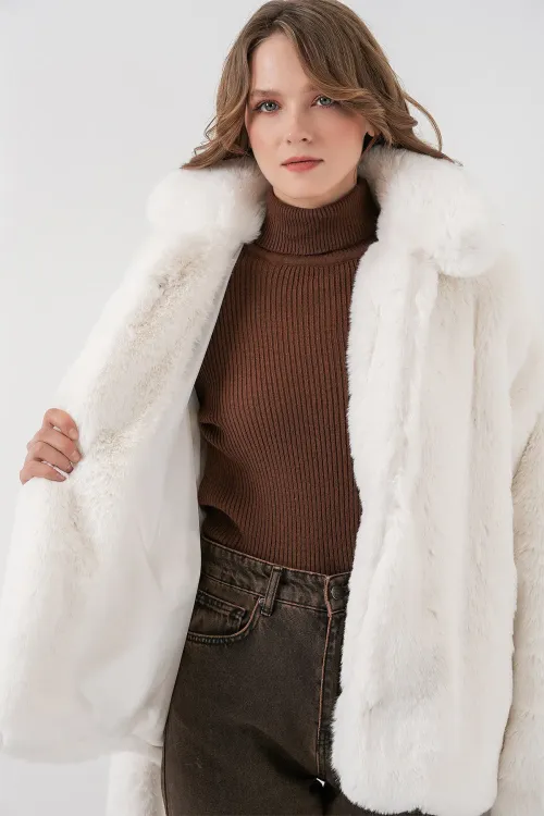 Kadın Peluş Kürk Mont 5234 - Ekru