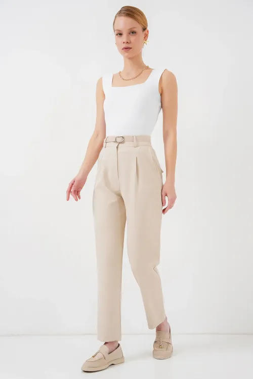 Kadın Pileli Kemerli Kumaş Pantolon 6725 - Krem