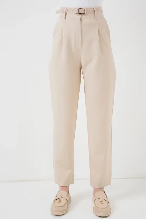 Kadın Pileli Kemerli Kumaş Pantolon 6725 - Krem